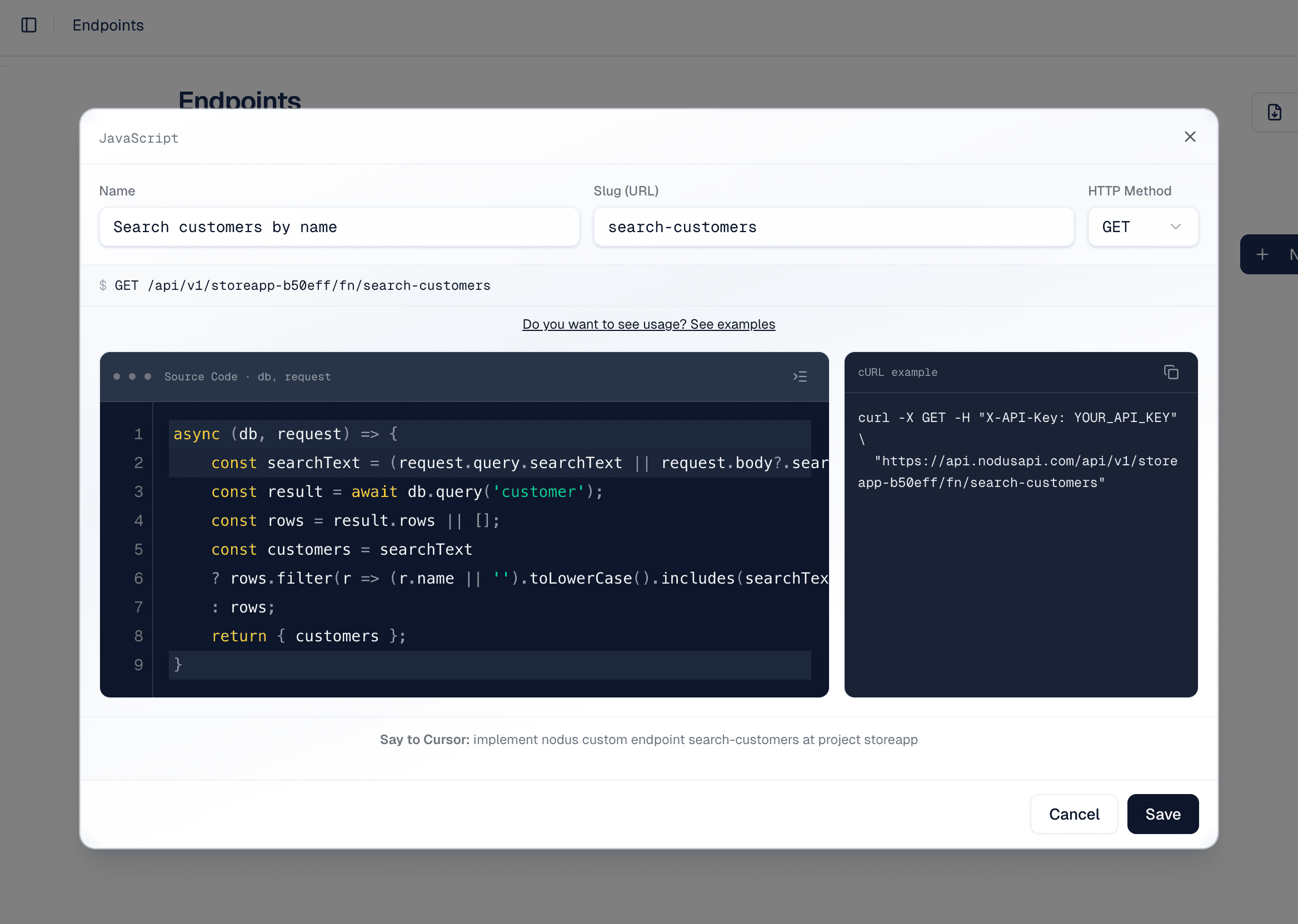 Özel endpoint editörü — JavaScript kodu ve cURL örneği