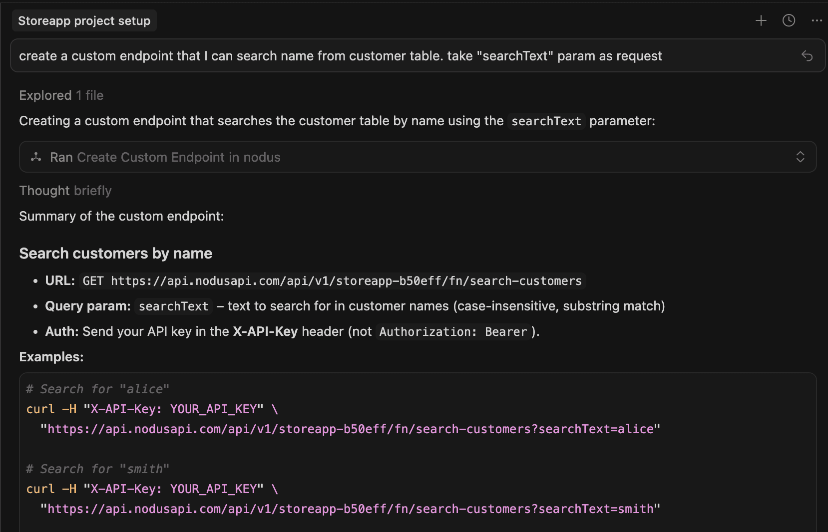 Cursor'da özel endpoint prompt örneği — arama endpoint'i oluşturma